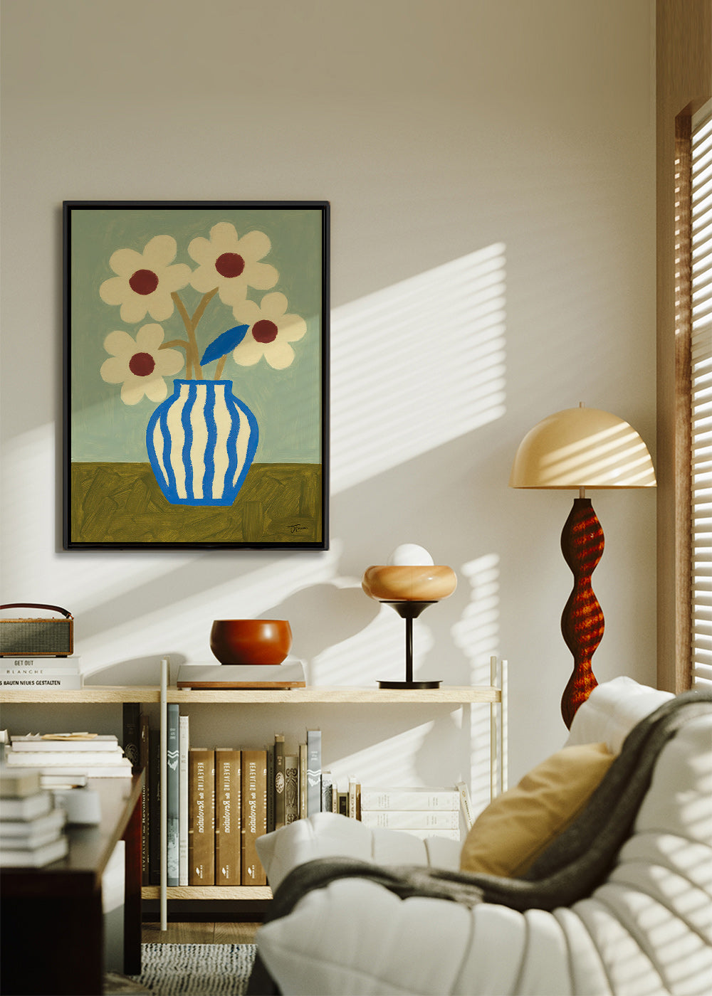 Lámina botánica jarrón azul con flores estilizadas – Canvas1