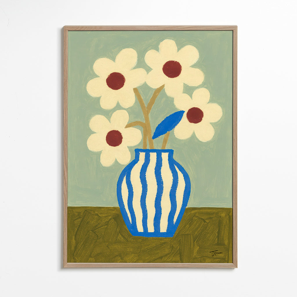 Lámina botánica jarrón azul con flores estilizadas – Oak Frame