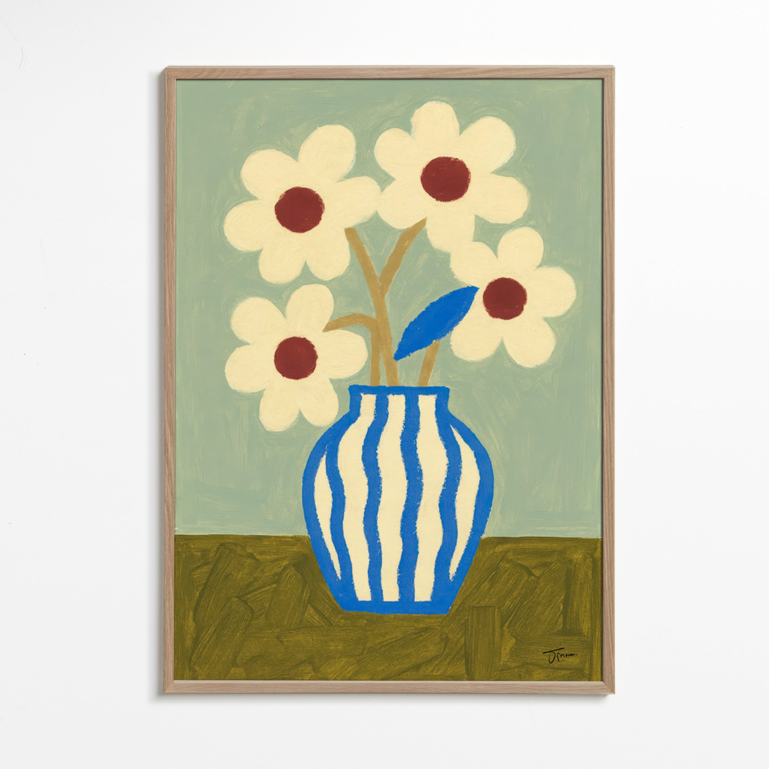 Lámina botánica jarrón azul con flores estilizadas – Oak Frame