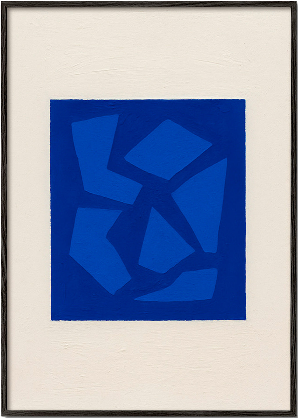 Cuadro abstracto azul con formas fragmentadas – Black Frame