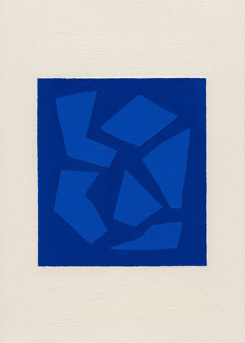 Cuadro abstracto azul con formas fragmentadas
