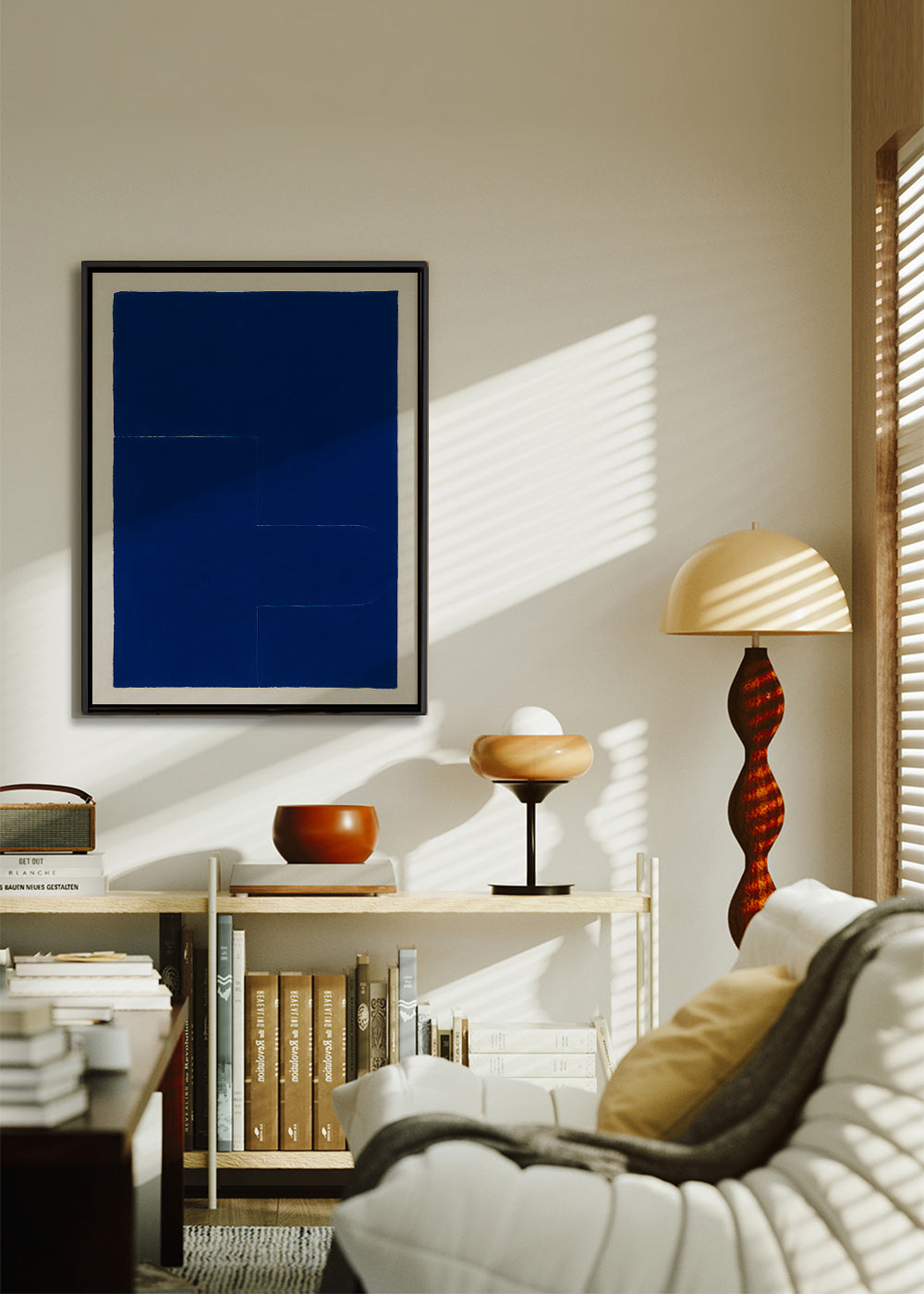 Cuadro geométrico azul con bloque vertical – Canvas2