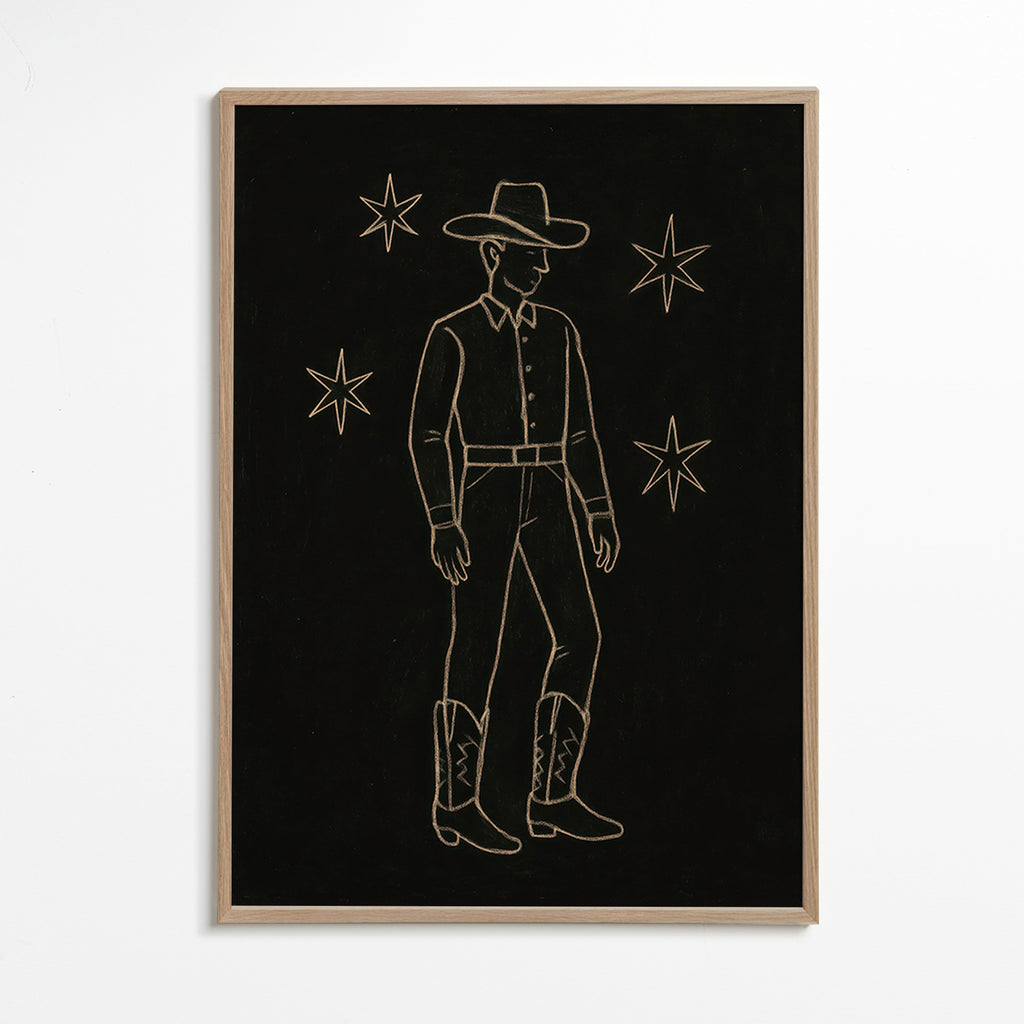 Ilustración vaquero en línea dorada – Oak Frame