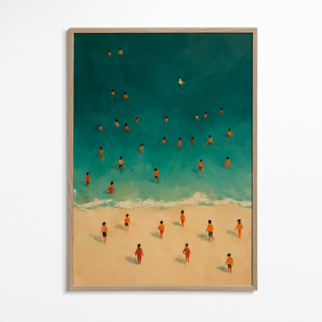 Cuadro de paisaje: playa vista aérea con bañistas – Oak Frame