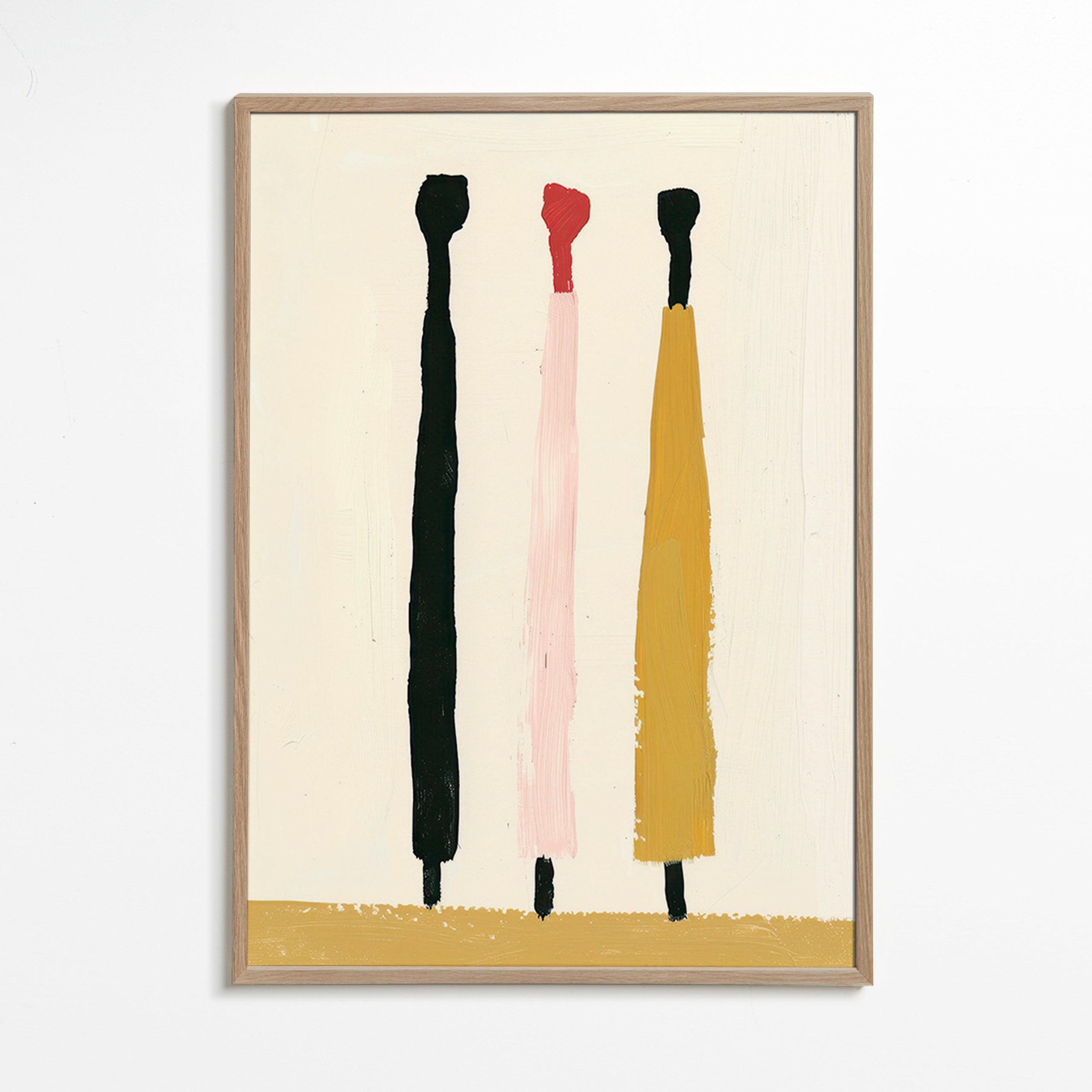 Cuadro abstracto de tres pinceladas verticales – Oak Frame