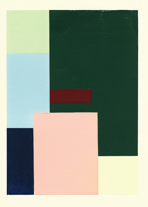 Cuadro geométrico de bloques: verde profundo y rosa suave