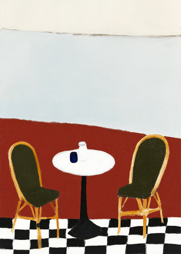 Cuadro de cocina con terraza y mesa redonda