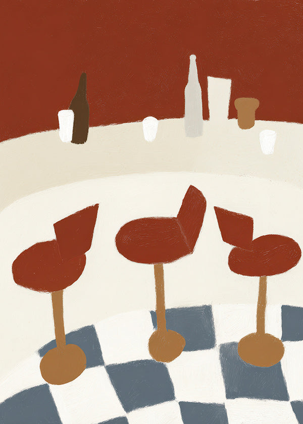 Cuadro de cocina con taburetes rojos y suelo a cuadros