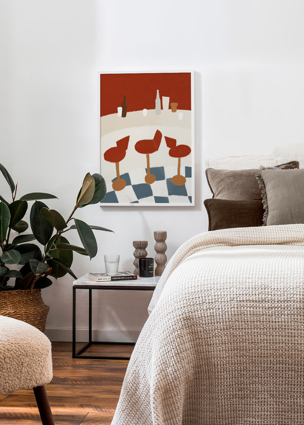 Cuadro de cocina con taburetes rojos y suelo a cuadros – Product2