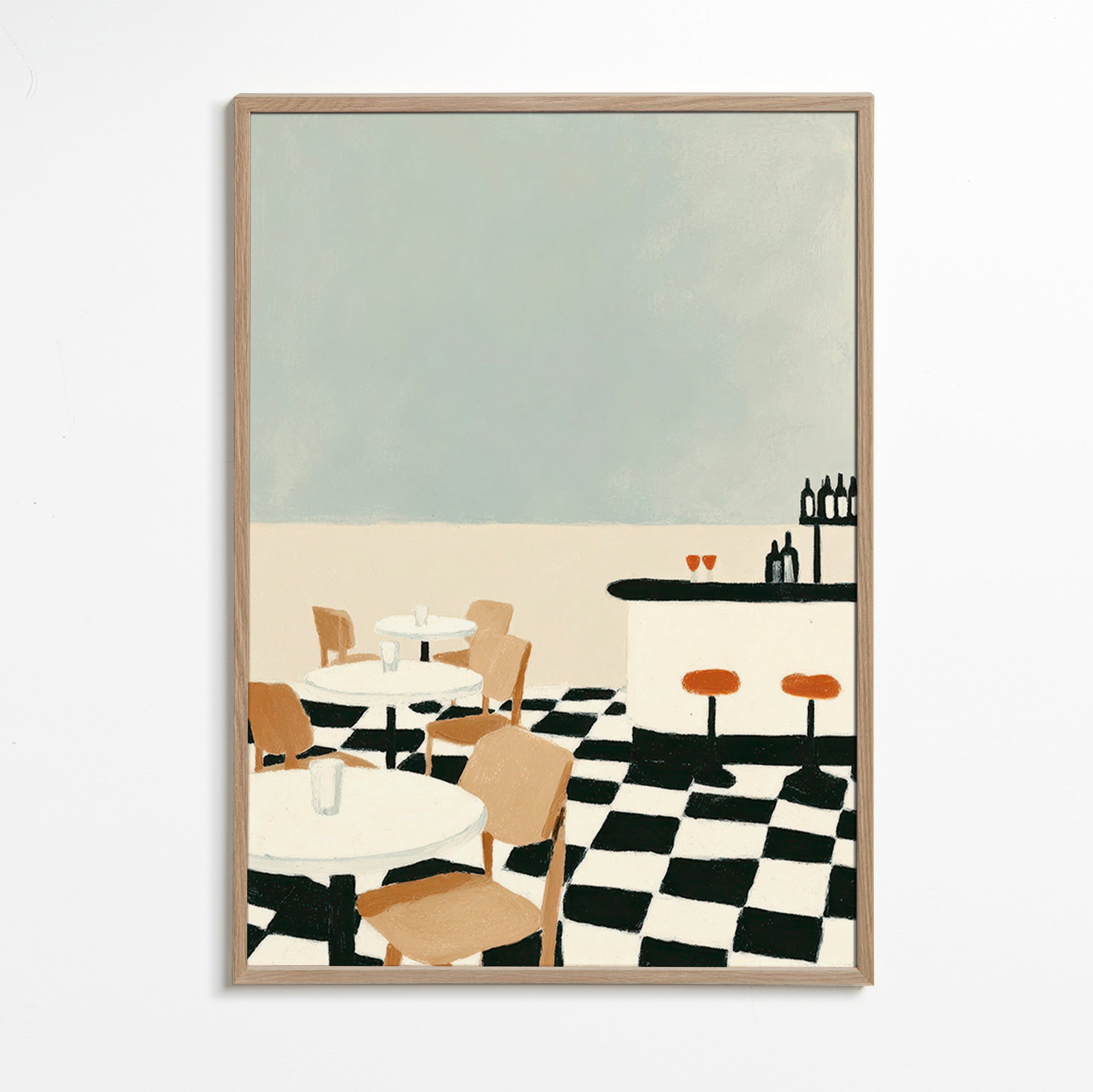 Cuadro de cocina con suelo ajedrezado y barra minimalista – Oak Frame
