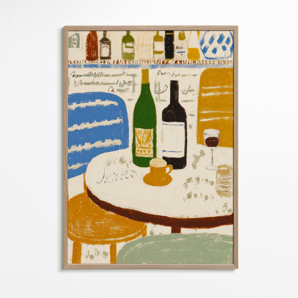 Cuadro de cocina con botellas y taza bistró – Oak Frame