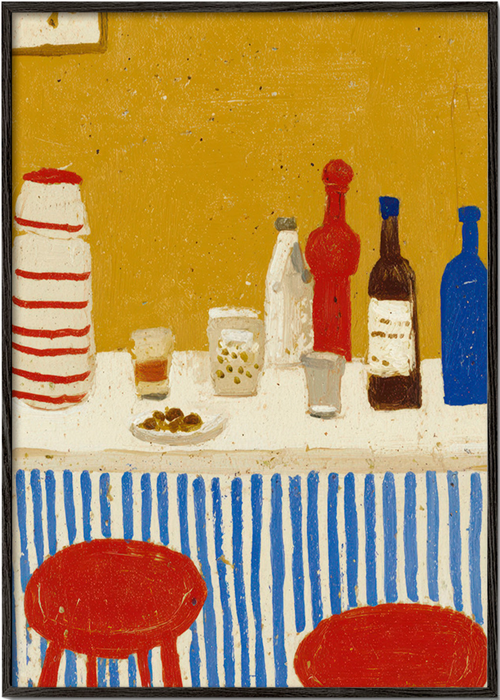 Cuadro de cocina: bodegón de barra con rayas azules – Black Frame