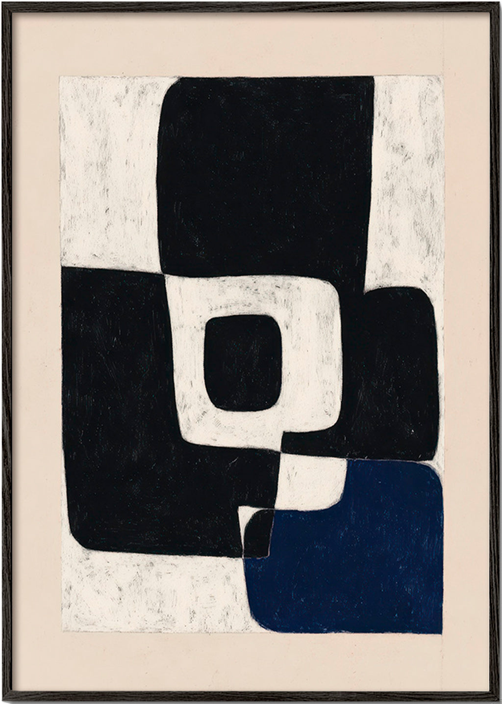 Cuadro abstracto con bloques negros y acento azul – Black Frame