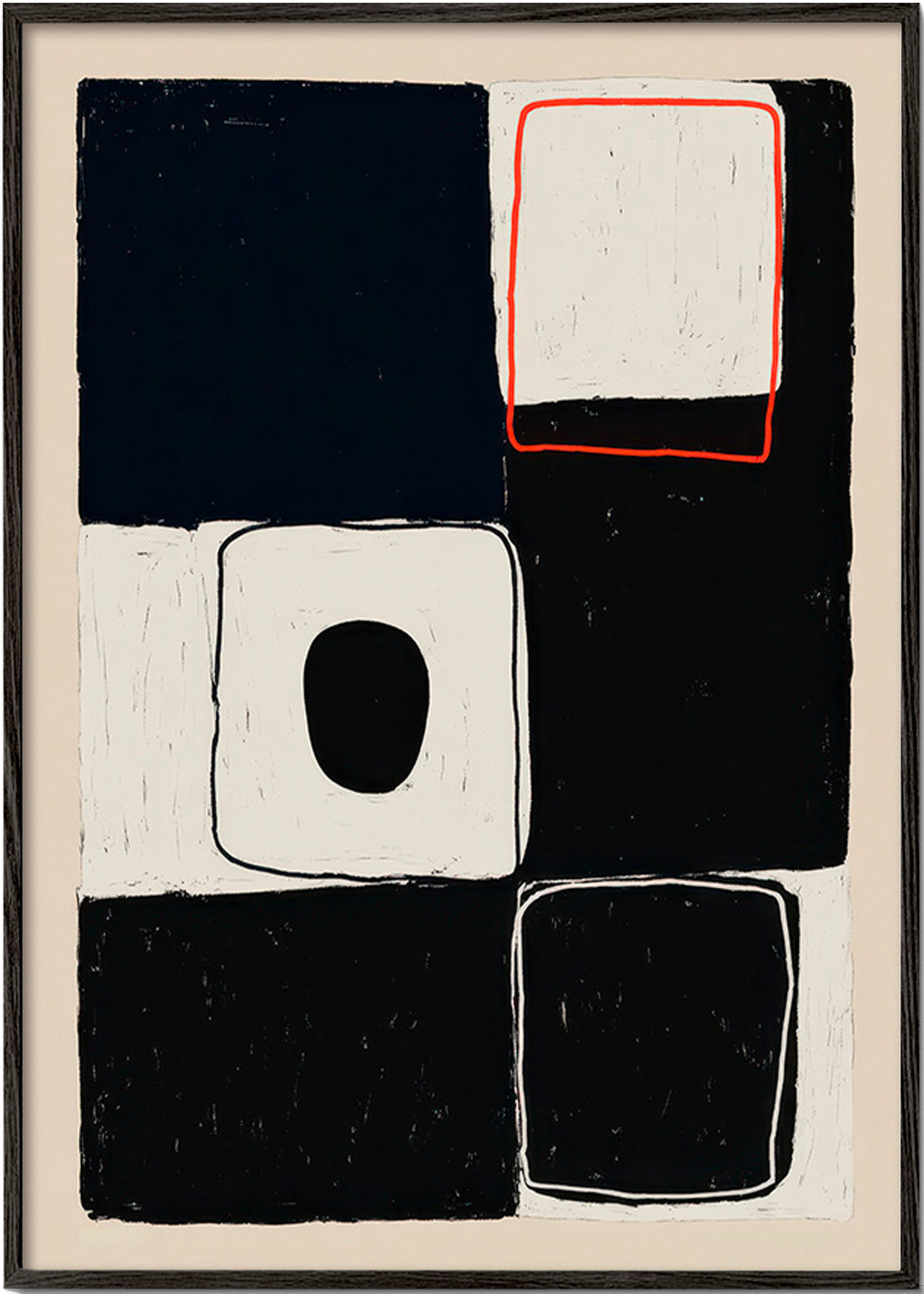 Cuadro geométrico con bloques y trazo rojo – Black Frame