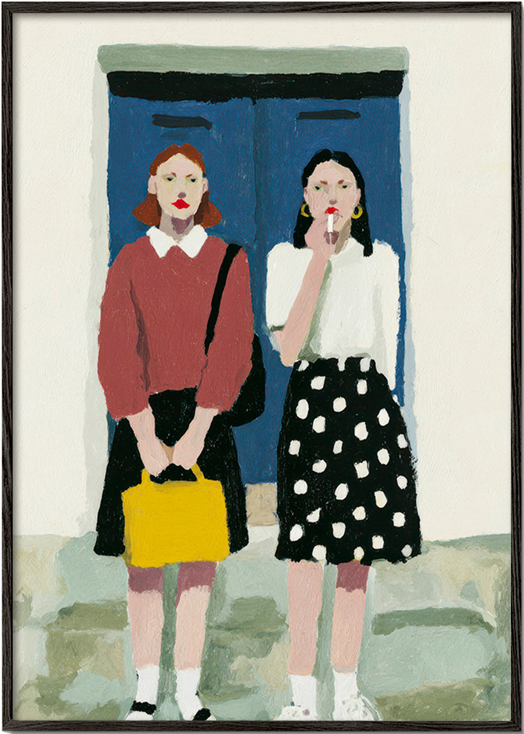 Ilustración de dos figuras frente a puerta azul – Black Frame