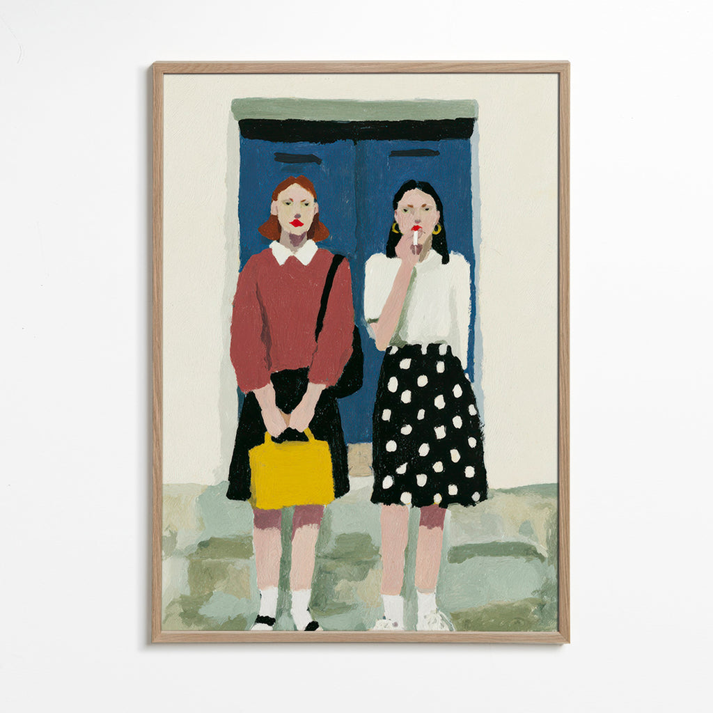 Ilustración de dos figuras frente a puerta azul – Oak Frame