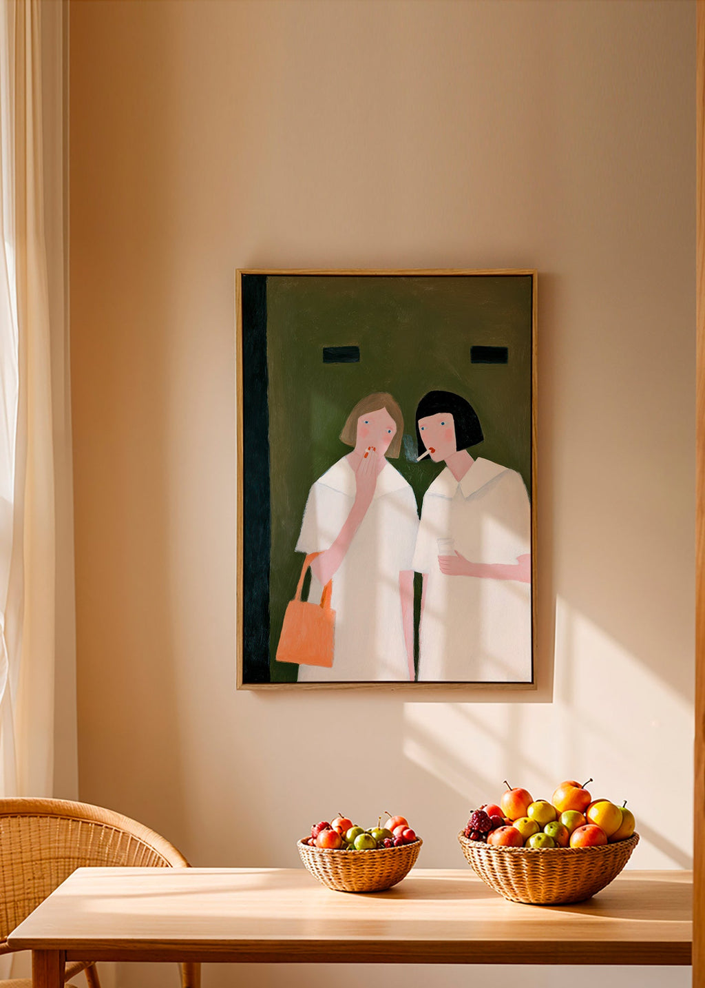 Ilustración de dos figuras fumando en tonos suaves – Canvas1