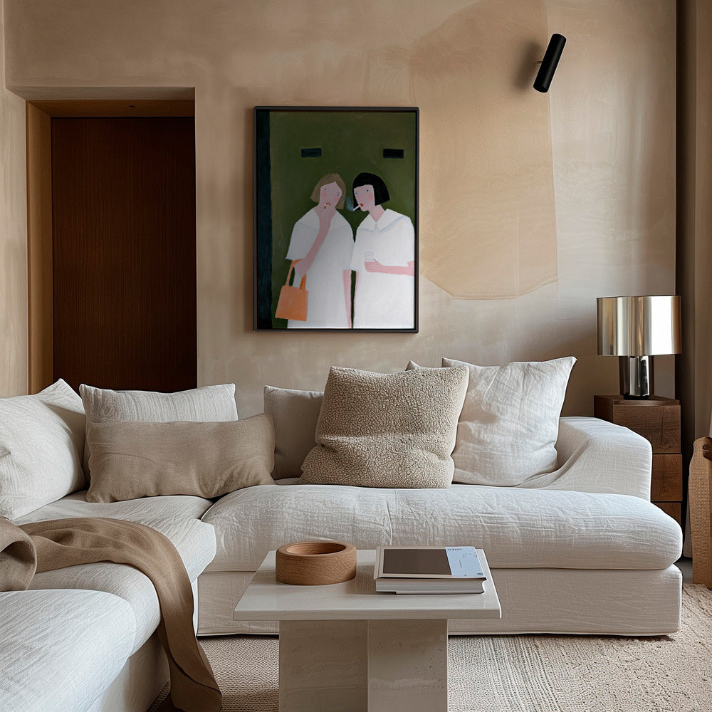 Ilustración de dos figuras fumando en tonos suaves – Canvas2