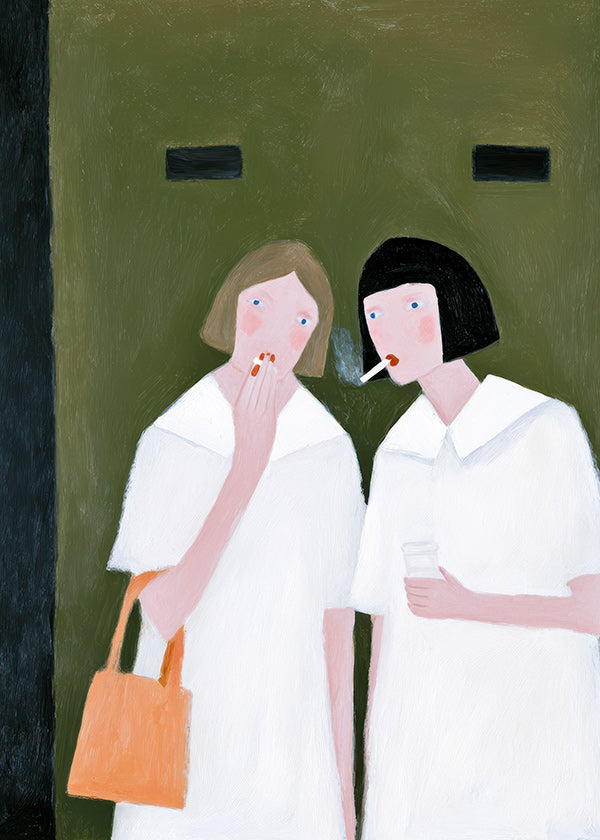 Ilustración de dos figuras fumando en tonos suaves