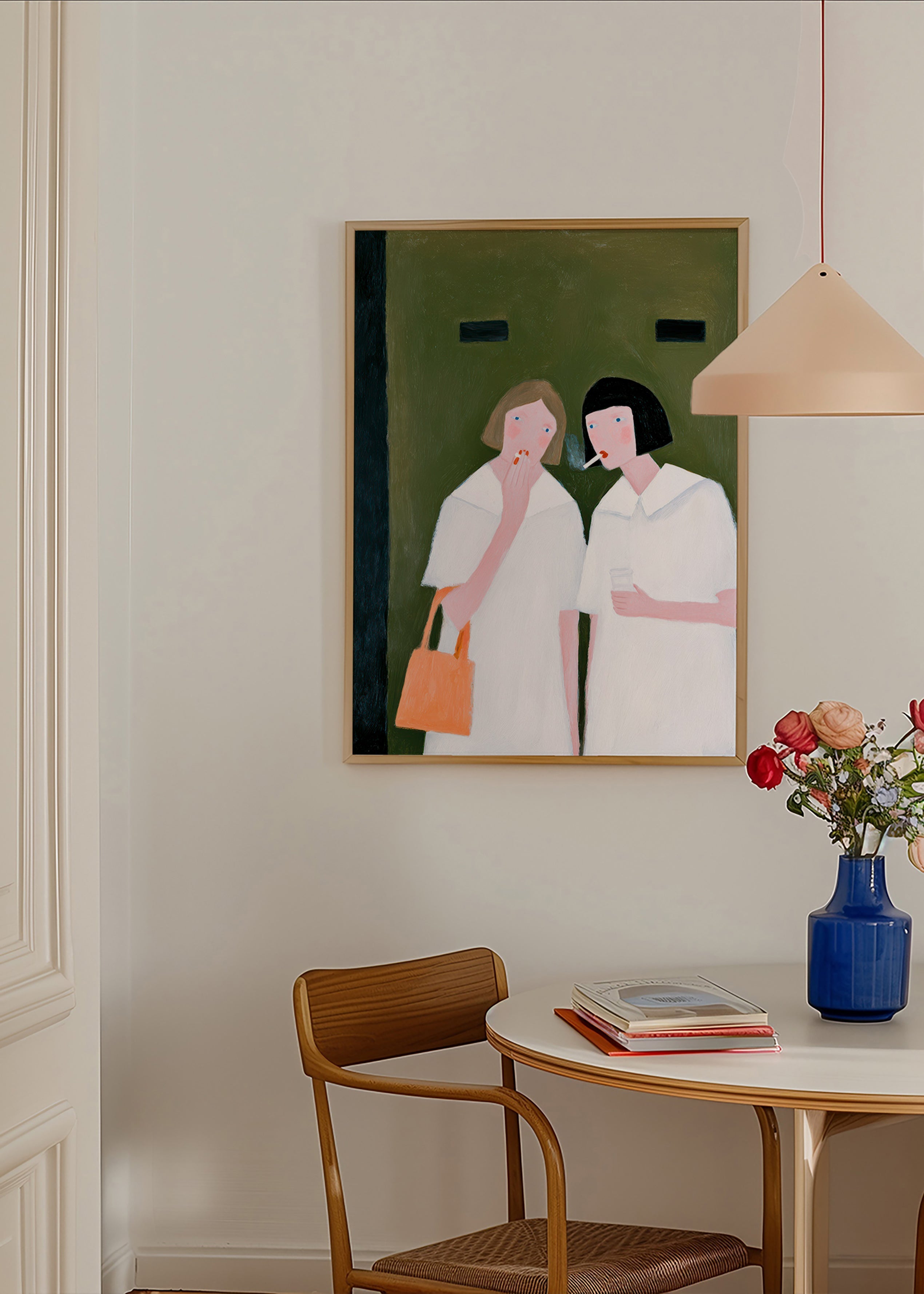 Ilustración de dos figuras fumando en tonos suaves – Product1