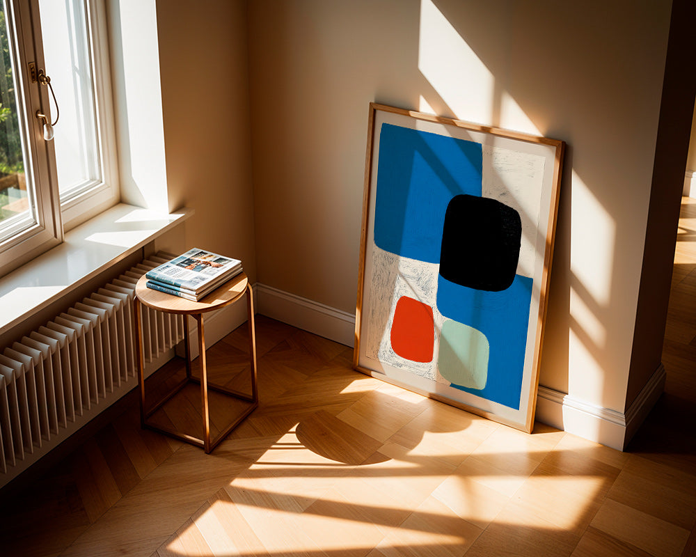 Cuadro abstracto con formas azules y bloque negro – Product1