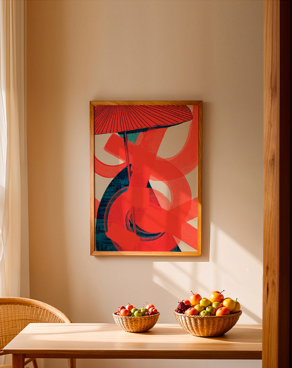 Cuadro abstracto con remolinos rojos y gesto vertical – Product2