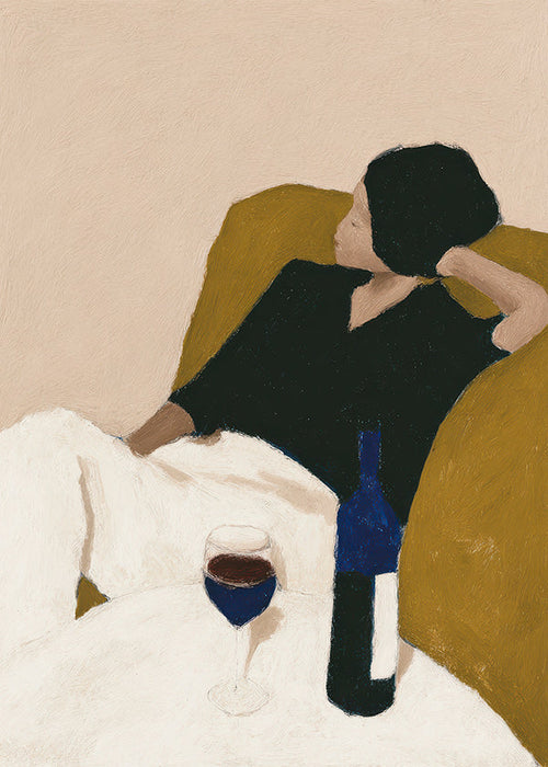 Cuadro de cocina con vino y sillón mostaza