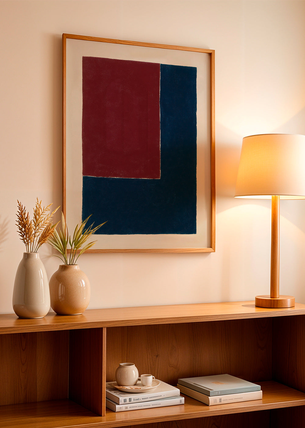 Cuadro geométrico con bloques burdeos y azul – Product2