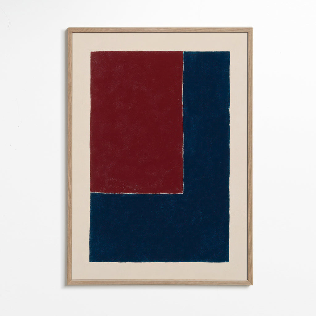 Cuadro geométrico con bloques burdeos y azul – Oak Frame