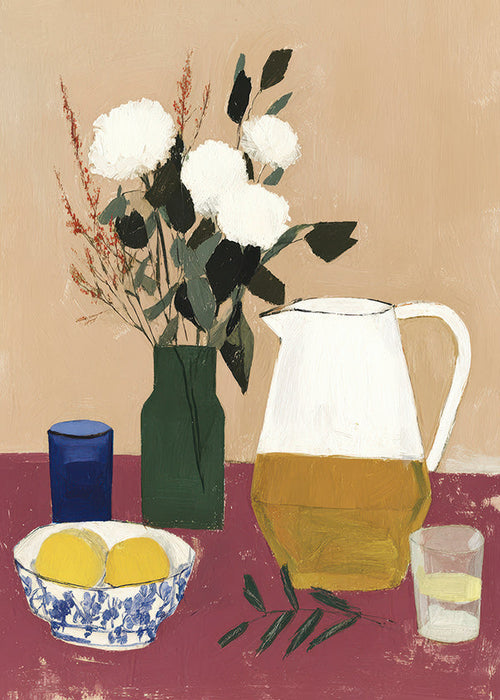 Cuadro de cocina con jarra y flores blancas