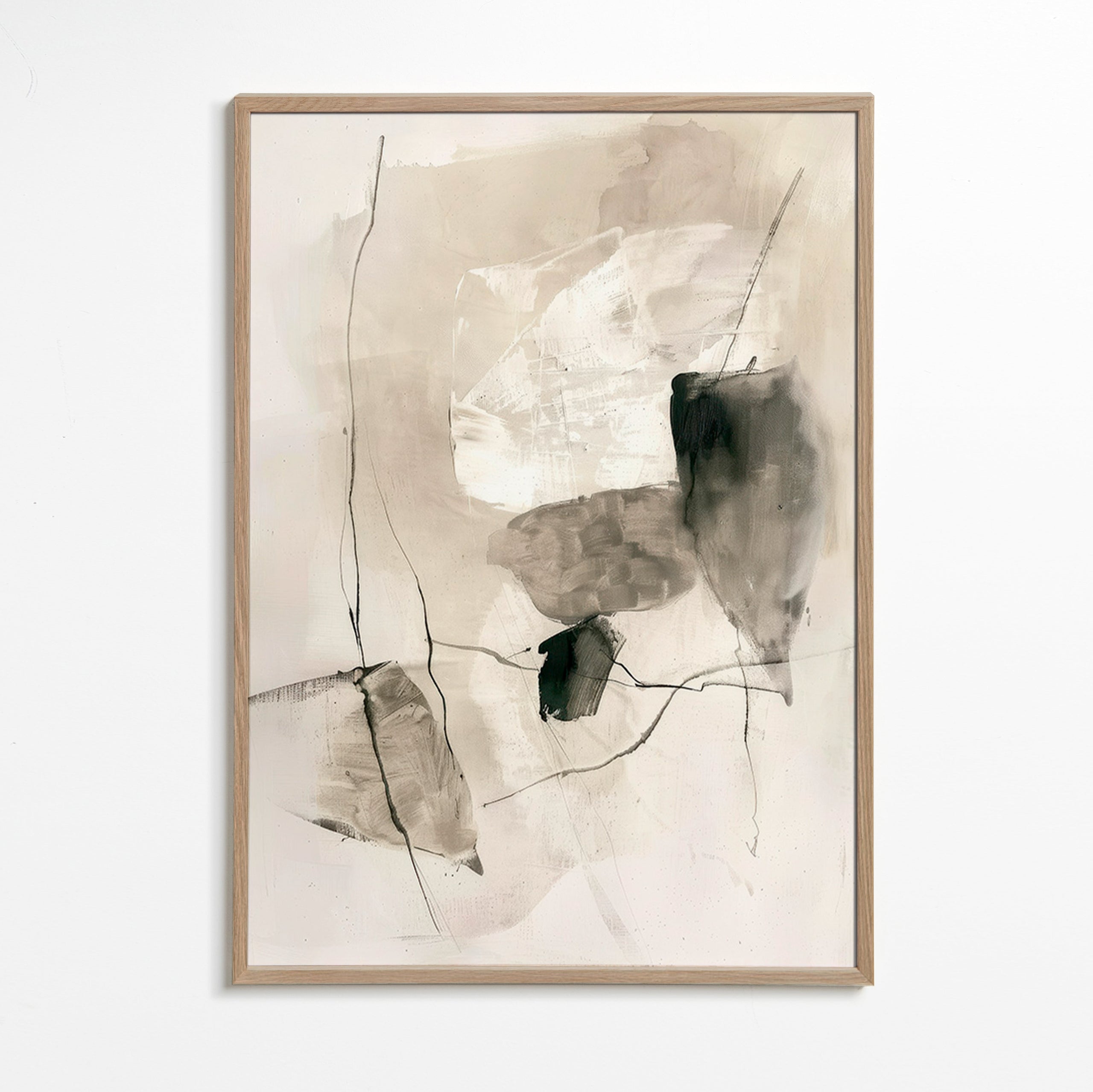 Cuadro abstracto en tinta y lavados beige – Oak Frame