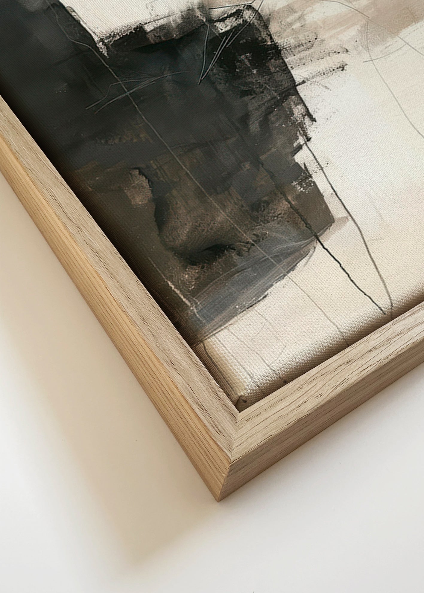 Cuadro abstracto neutro con bloque oscuro – Canvas detail