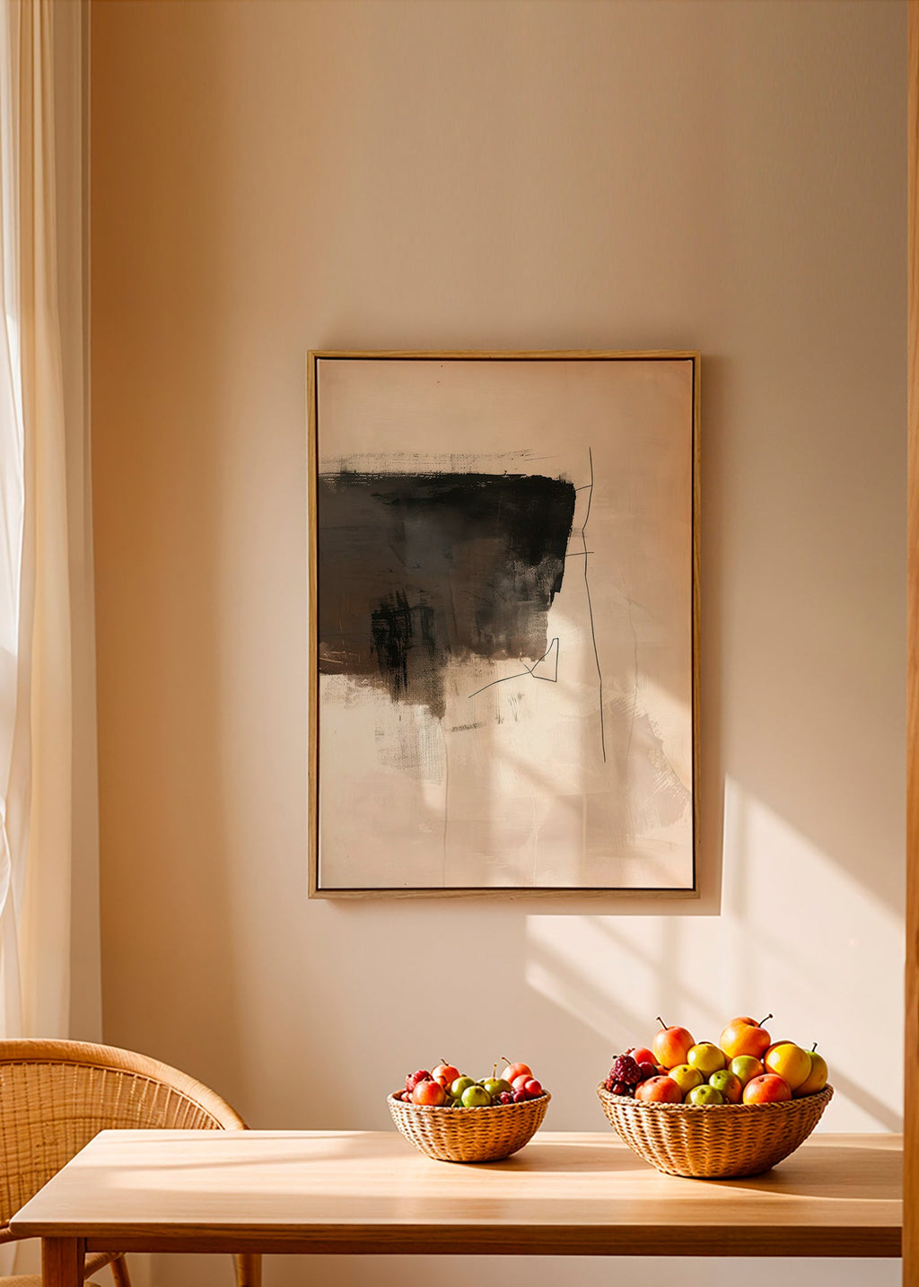 Cuadro abstracto con trazo oscuro sobre fondo beige – Canvas1