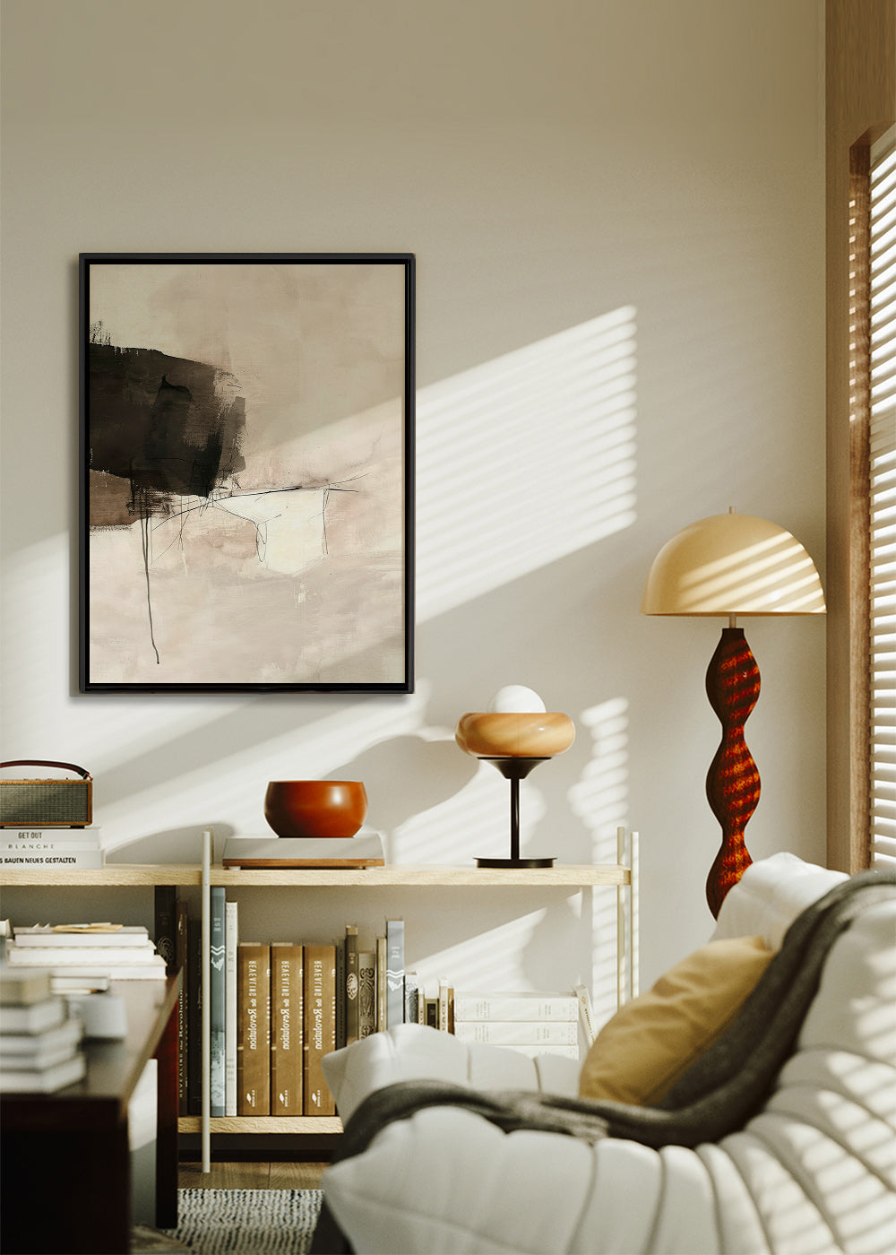 Cuadro abstracto con mancha negra y líneas sutiles – Canvas1