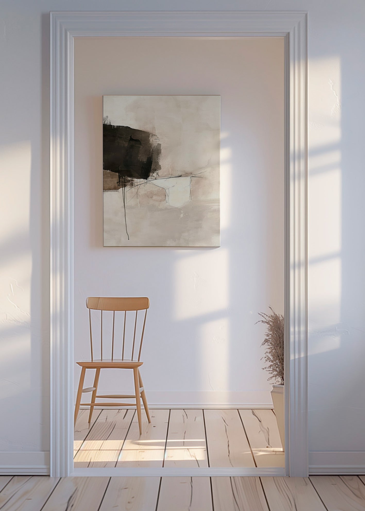 Cuadro abstracto con mancha negra y líneas sutiles – Canvas