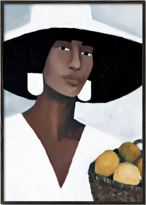 Cuadro de cocina: mujer con sombrero y limones – Black Frame