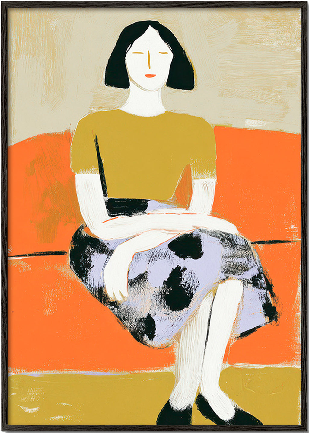 Ilustración femenina sobre sofá naranja – Black Frame
