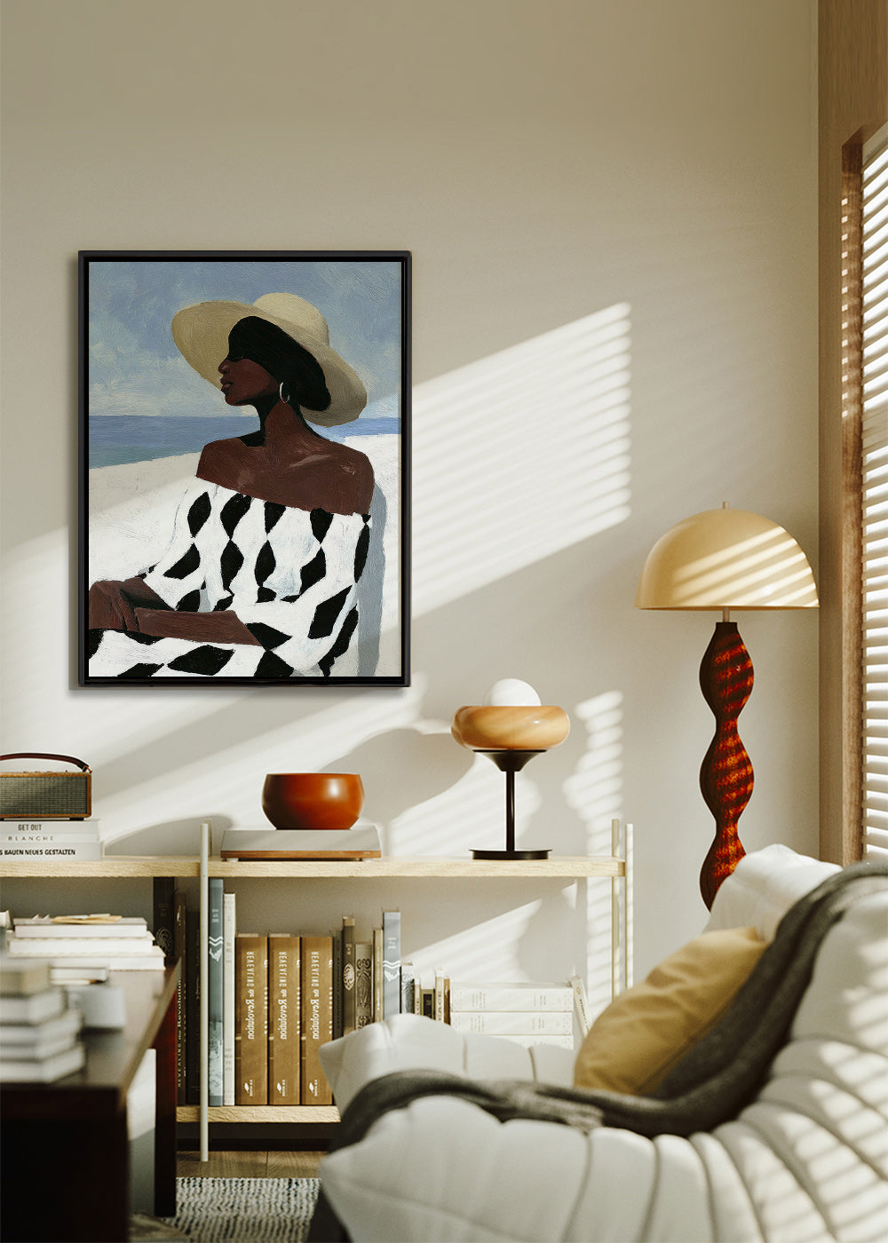 Ilustración de mujer junto al mar con vestido geométrico – Canvas2