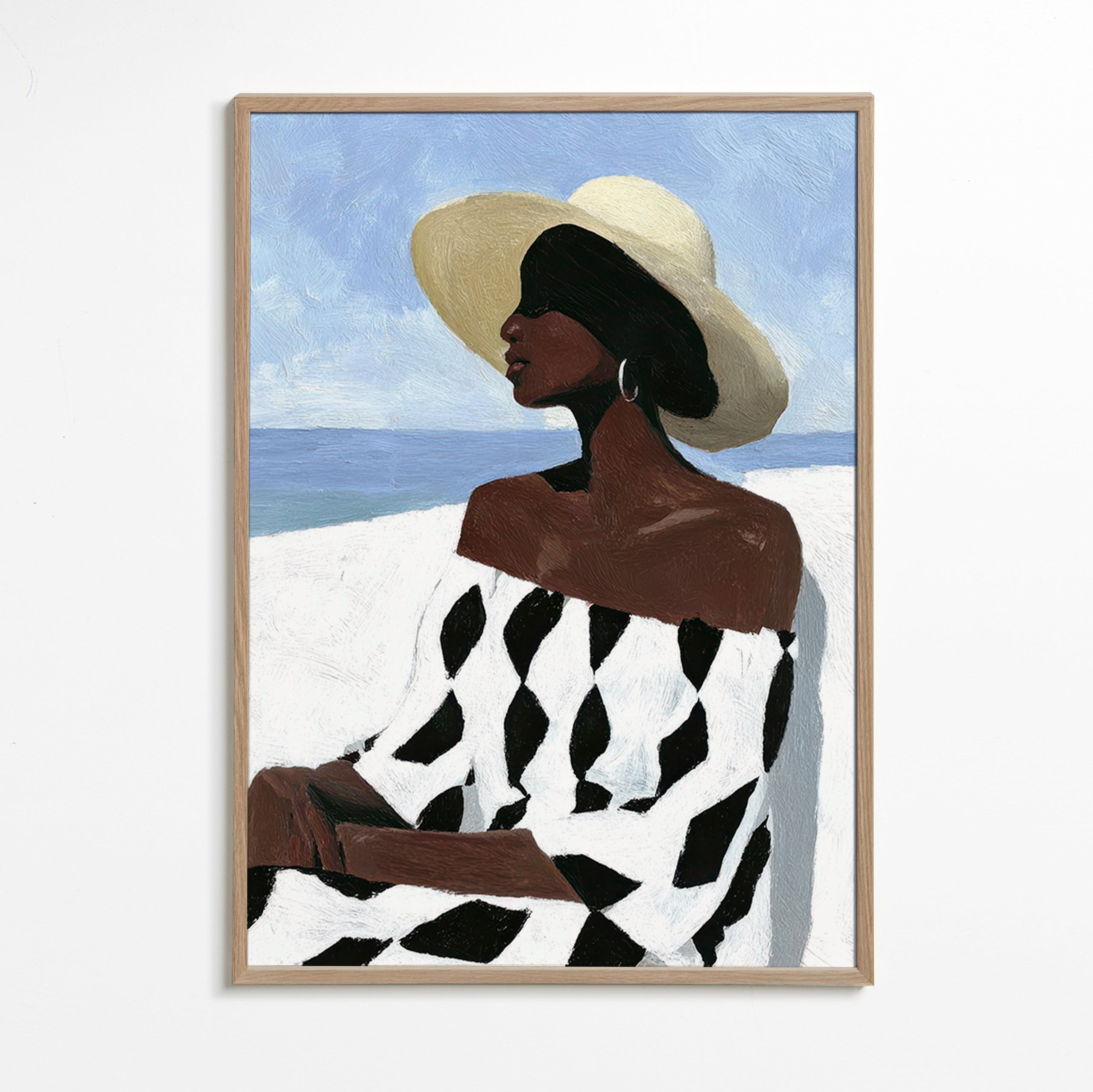 Ilustración de mujer junto al mar con vestido geométrico – Oak Frame