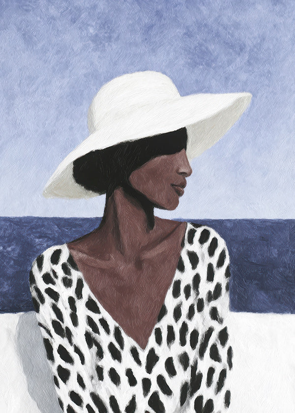 Ilustración de mujer con sombrero y mar