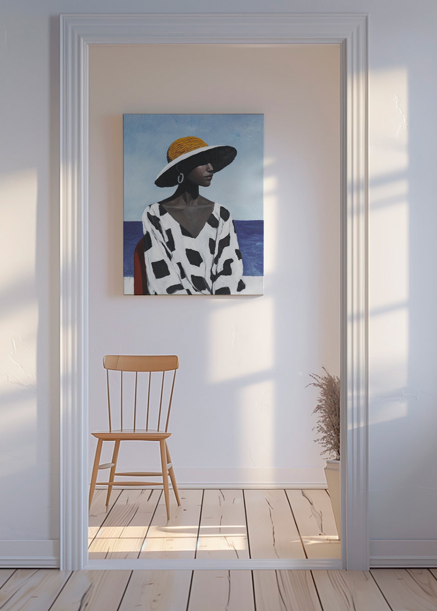 Cuadro retrato femenino con sombrero y mar – Canvas