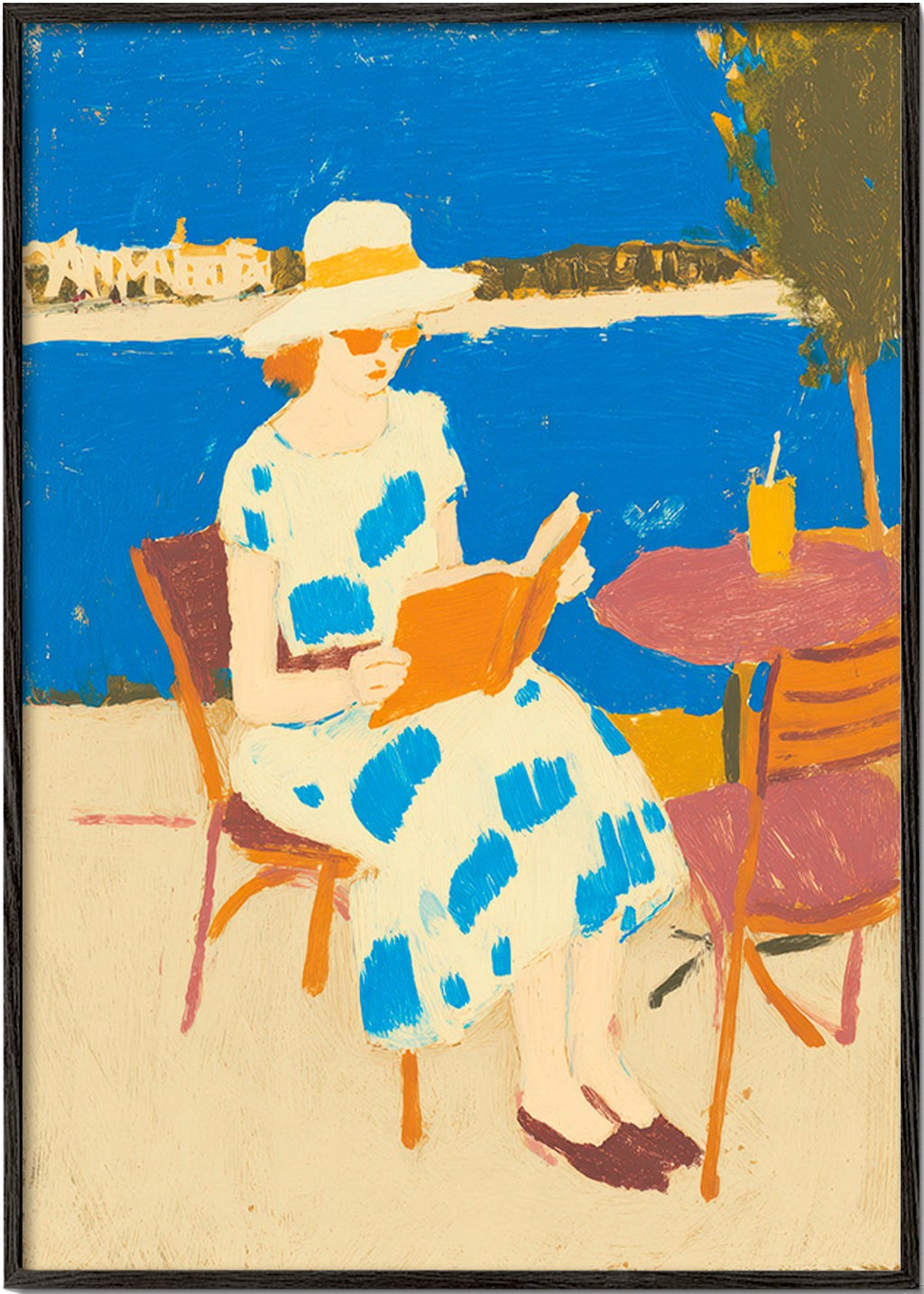 Ilustración lectora en terraza marítima – Black Frame