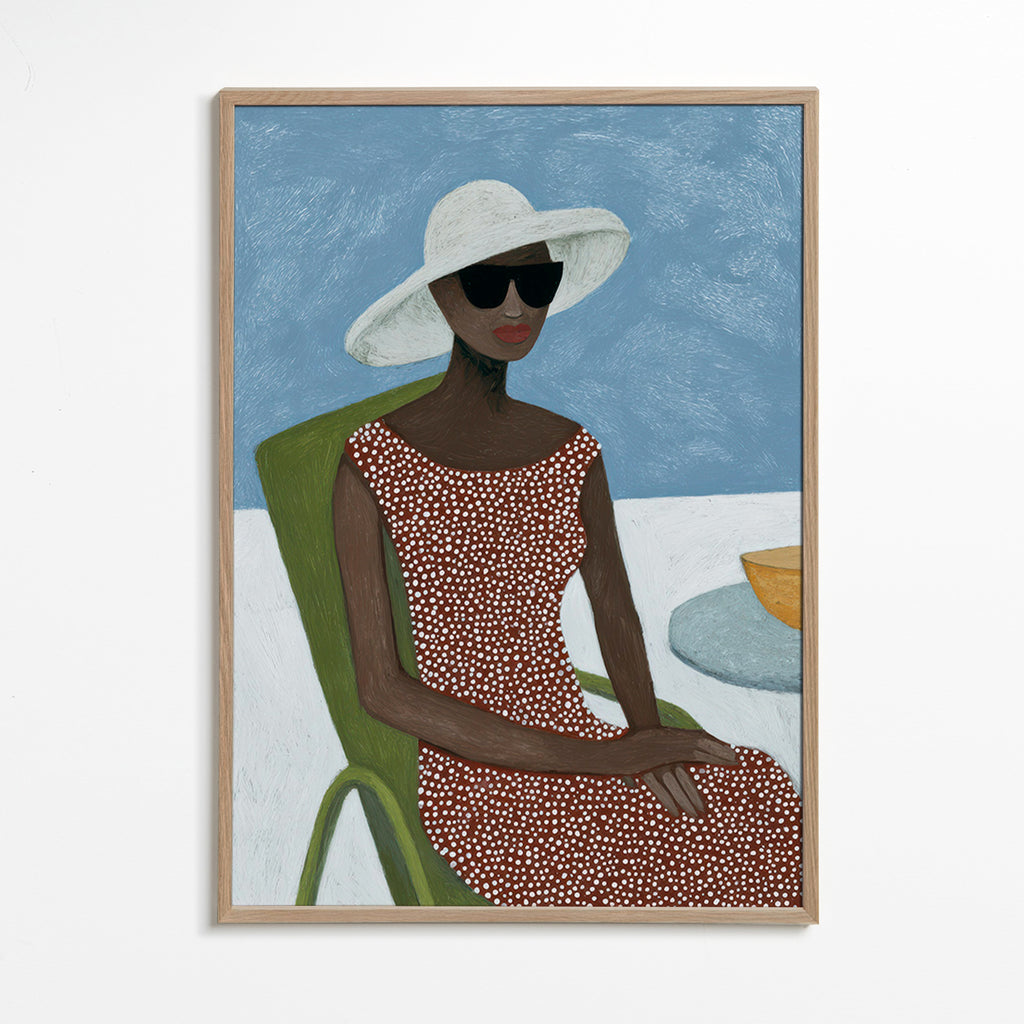 Ilustración femenina con sombrero y silla verde – Oak Frame