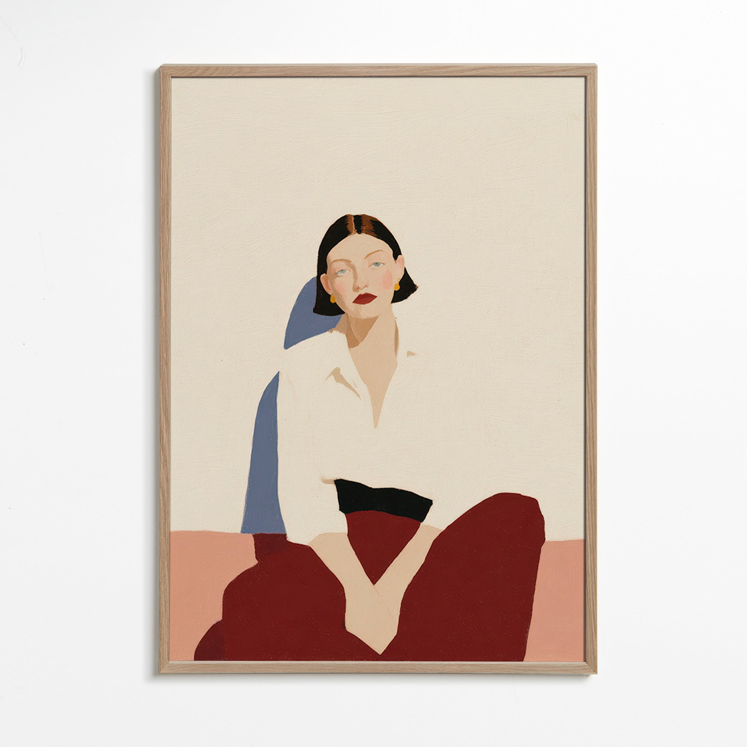 Cuadro minimalista de figura sentada, gesto sereno – Oak Frame