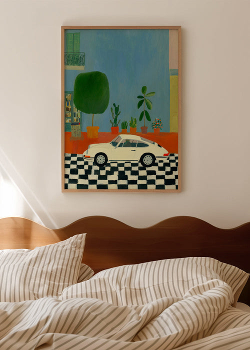 Ilustración con coche clásico y plantas de interior – Product1