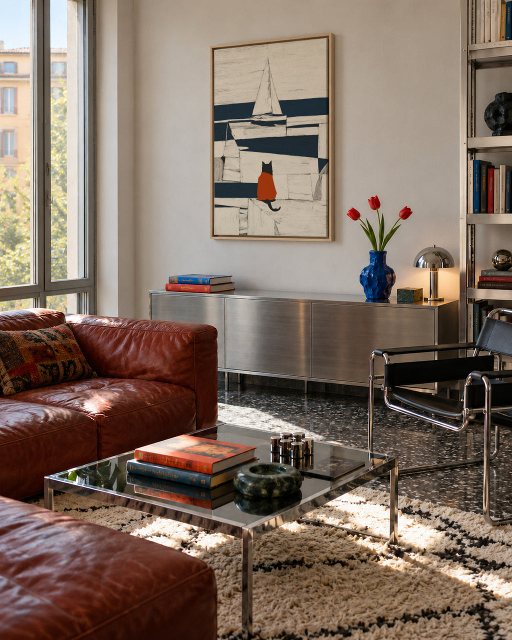 Red Cat at the Harbor - Framed canvas in an interior