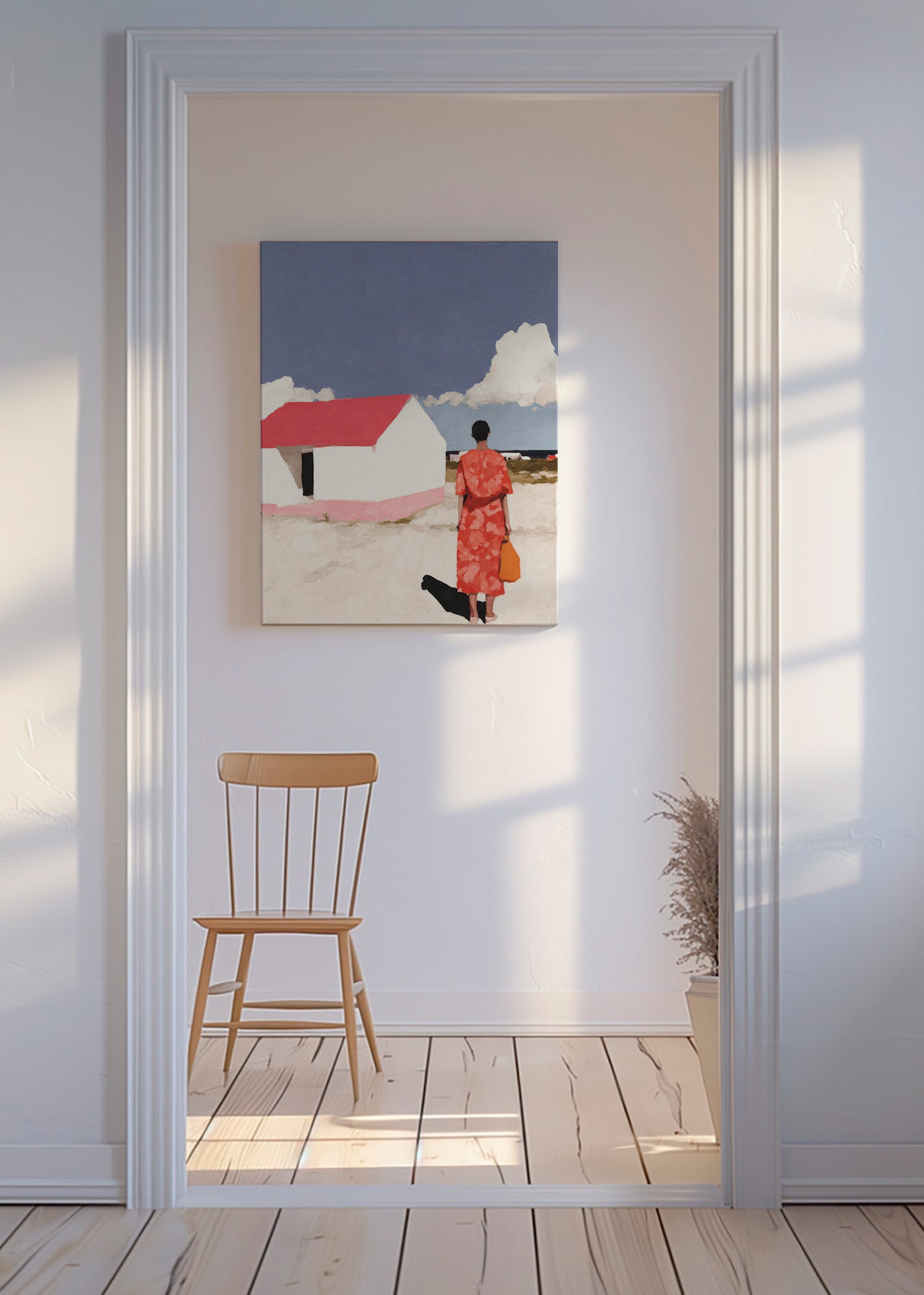 Cuadro de paisaje con figura y casita roja – Canvas