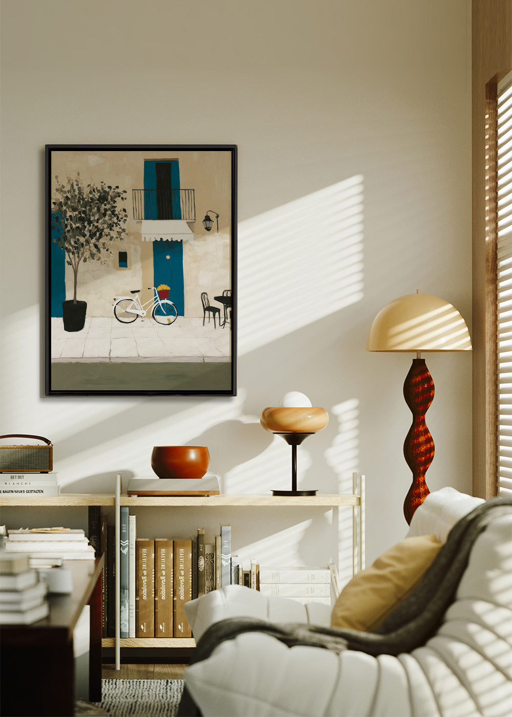 Ilustración: bicicleta junto a puerta azul – Canvas2