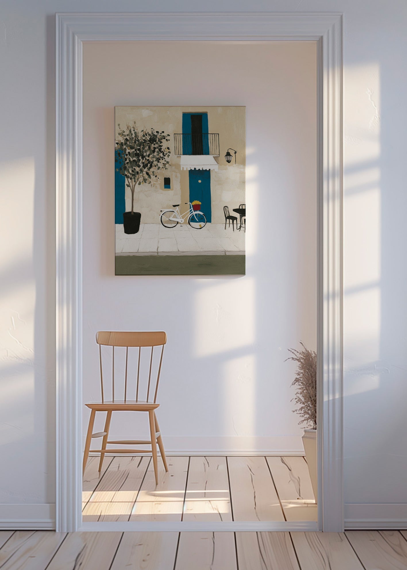 Ilustración: bicicleta junto a puerta azul – Canvas