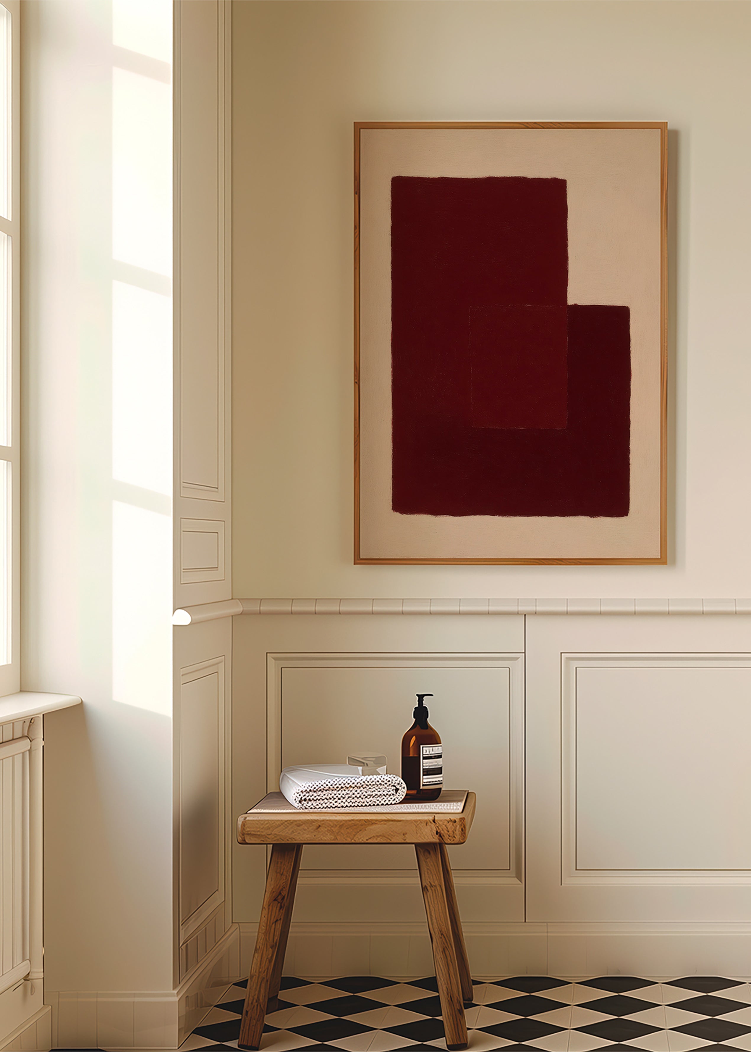 Cuadro abstracto granate con rectángulos superpuestos – Product2